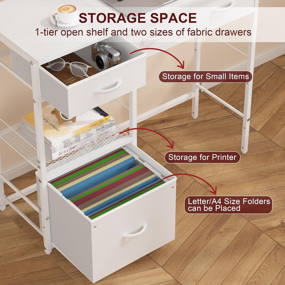 White Desk with File Drawers Cabinet, Small Writing Desk with Storage Shelf