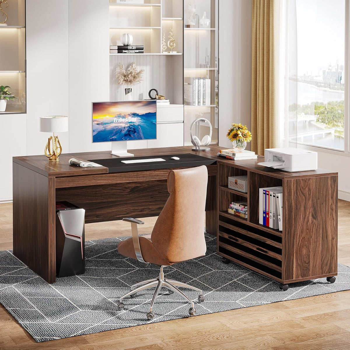 Tribesigns 62.2" L-Shaped Executive Desk with Mobile File Cabinet