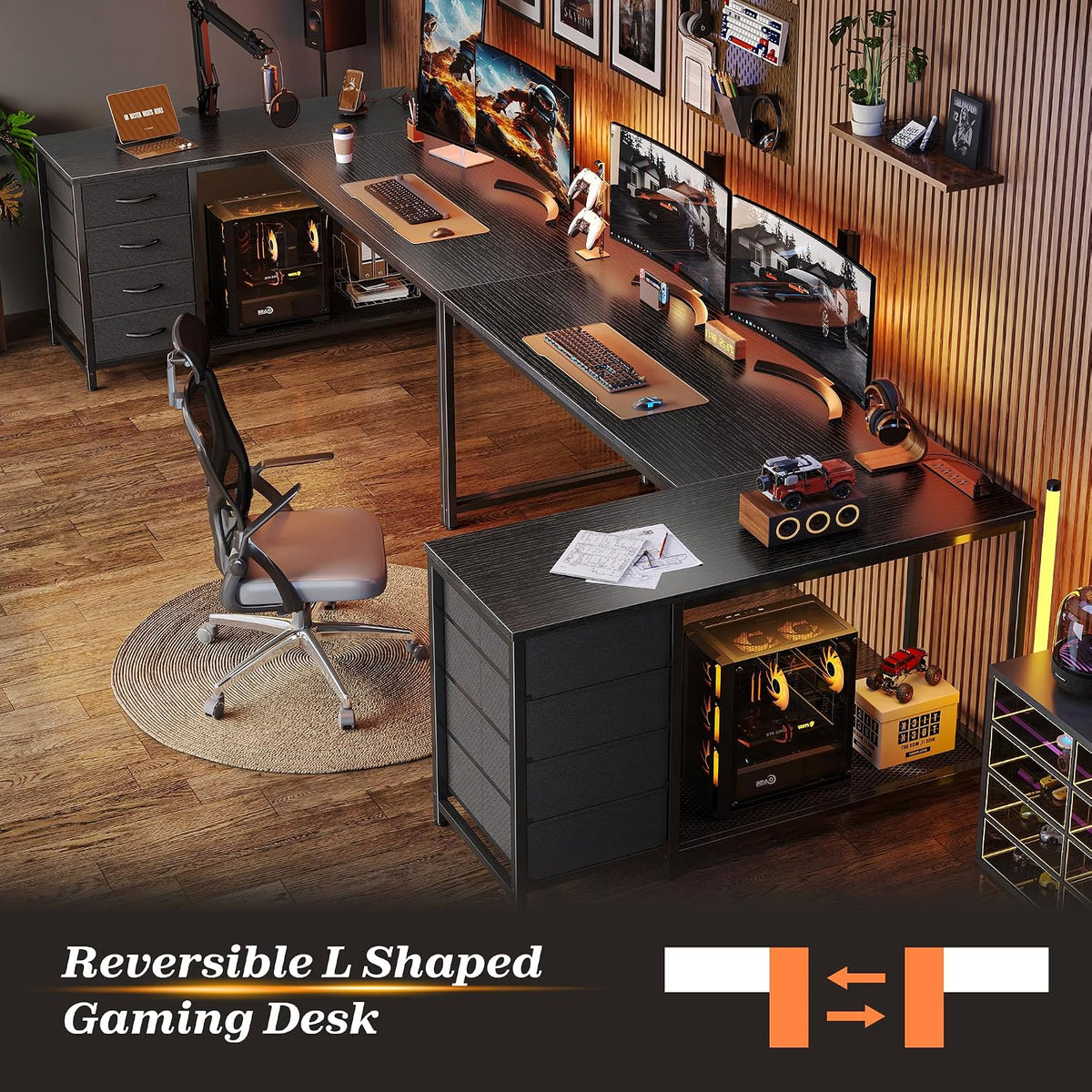 PRAISUN 61" L Shaped Desk with Power Outlets & 4 Drawers