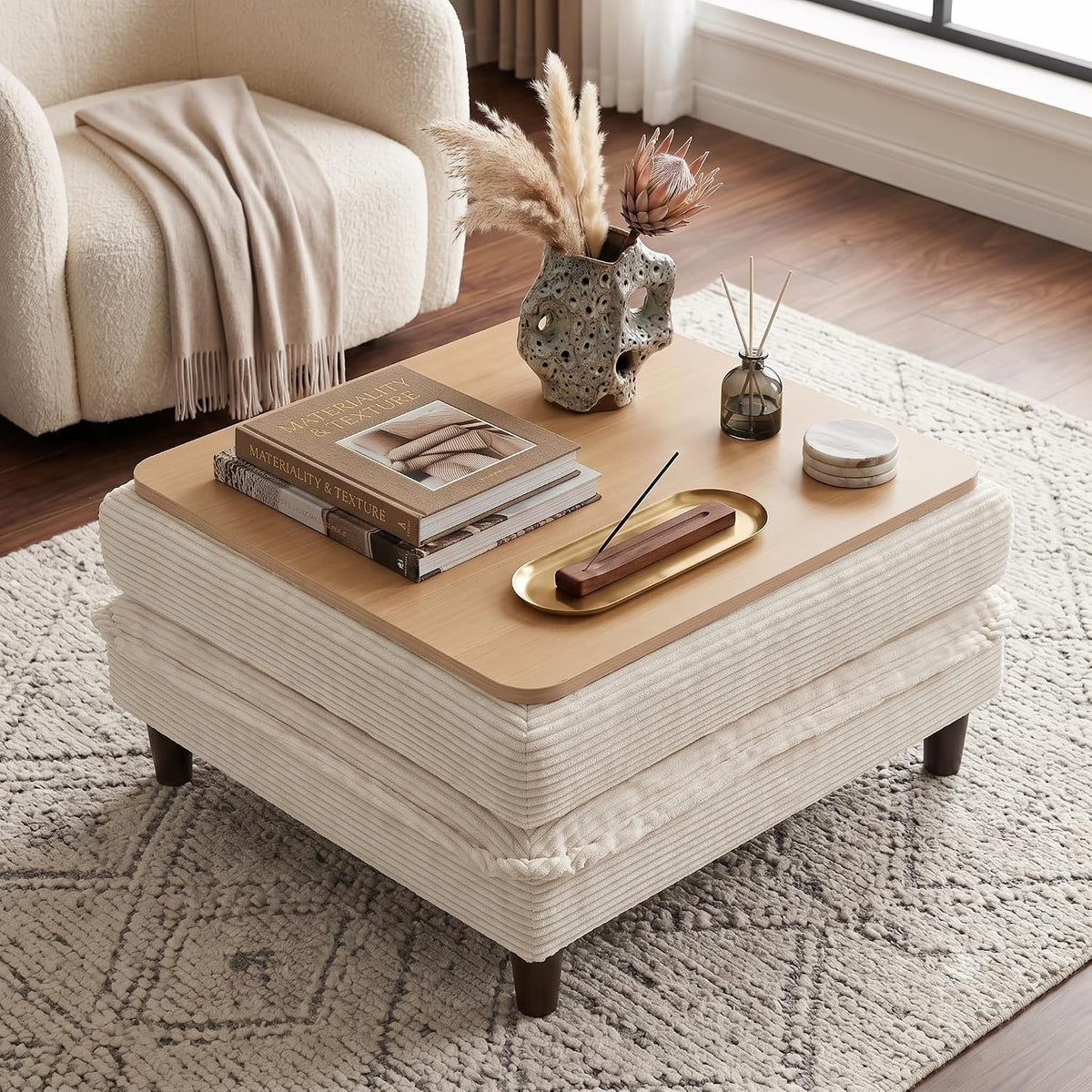 Corduroy Storage Ottoman Coffee Table for Modular Sectional Couch, Corduroy F...