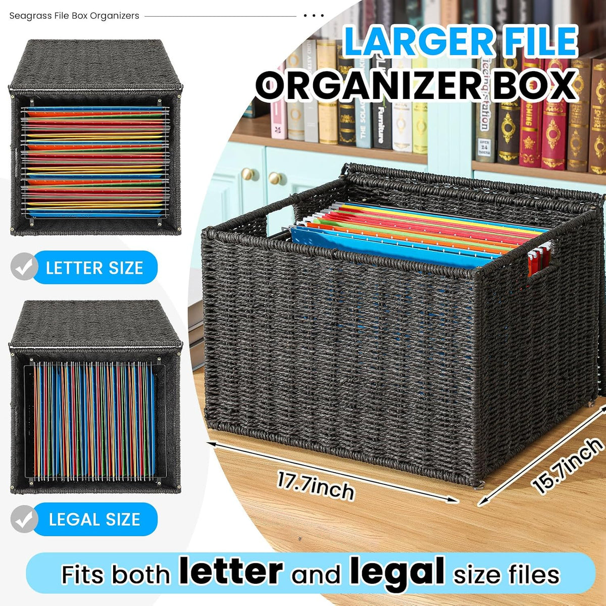 Cinnvoice Decorative File Box, Letter Legal Size, Black, Paper Rope