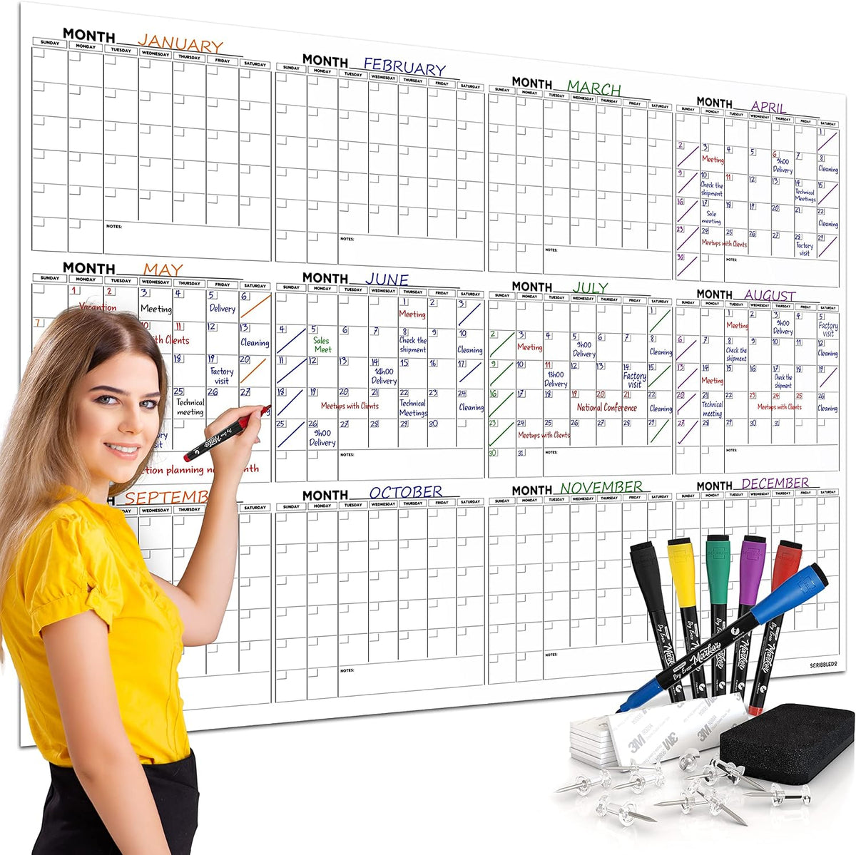 Large 36"x48" White Board Calendar for Wall 12 Month Planner Board ...
