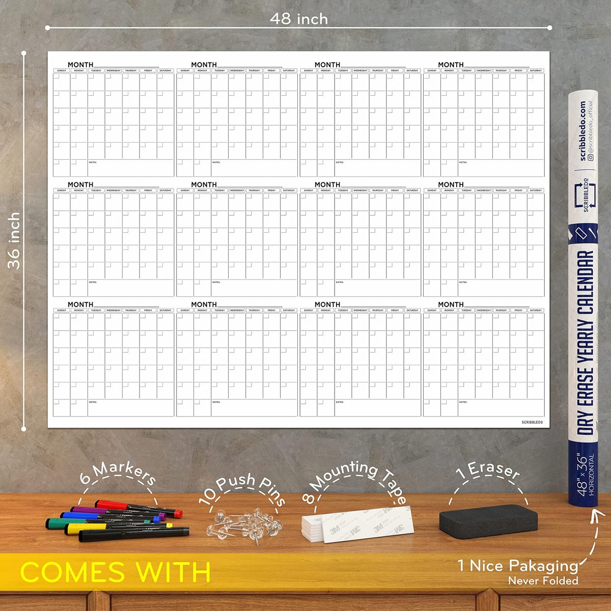 Large 36"x48" White Board Calendar for Wall 12 Month Planner Board ...
