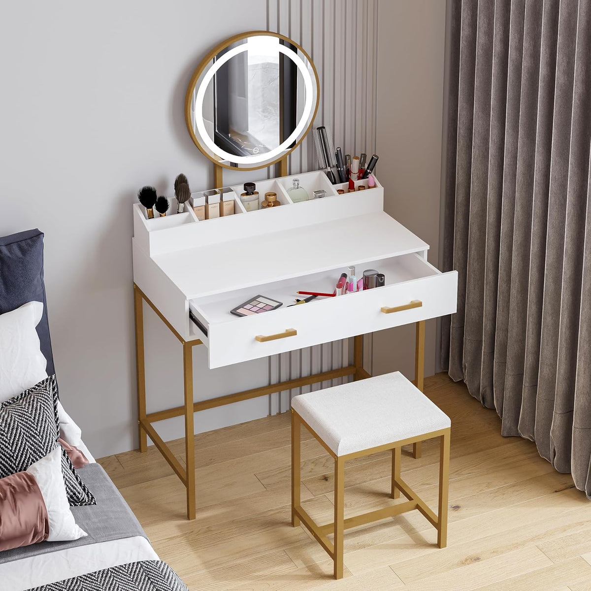 UTEX Makeup Vanity Desk Set with Mirror and Lights White and Gold