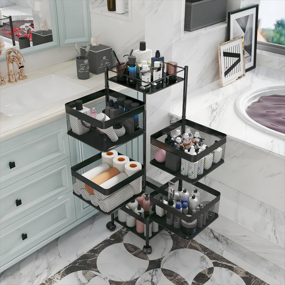 Fruit and Vegetable Basket for Kitchen No Assembly, Rotating Storage Rack,Bat...