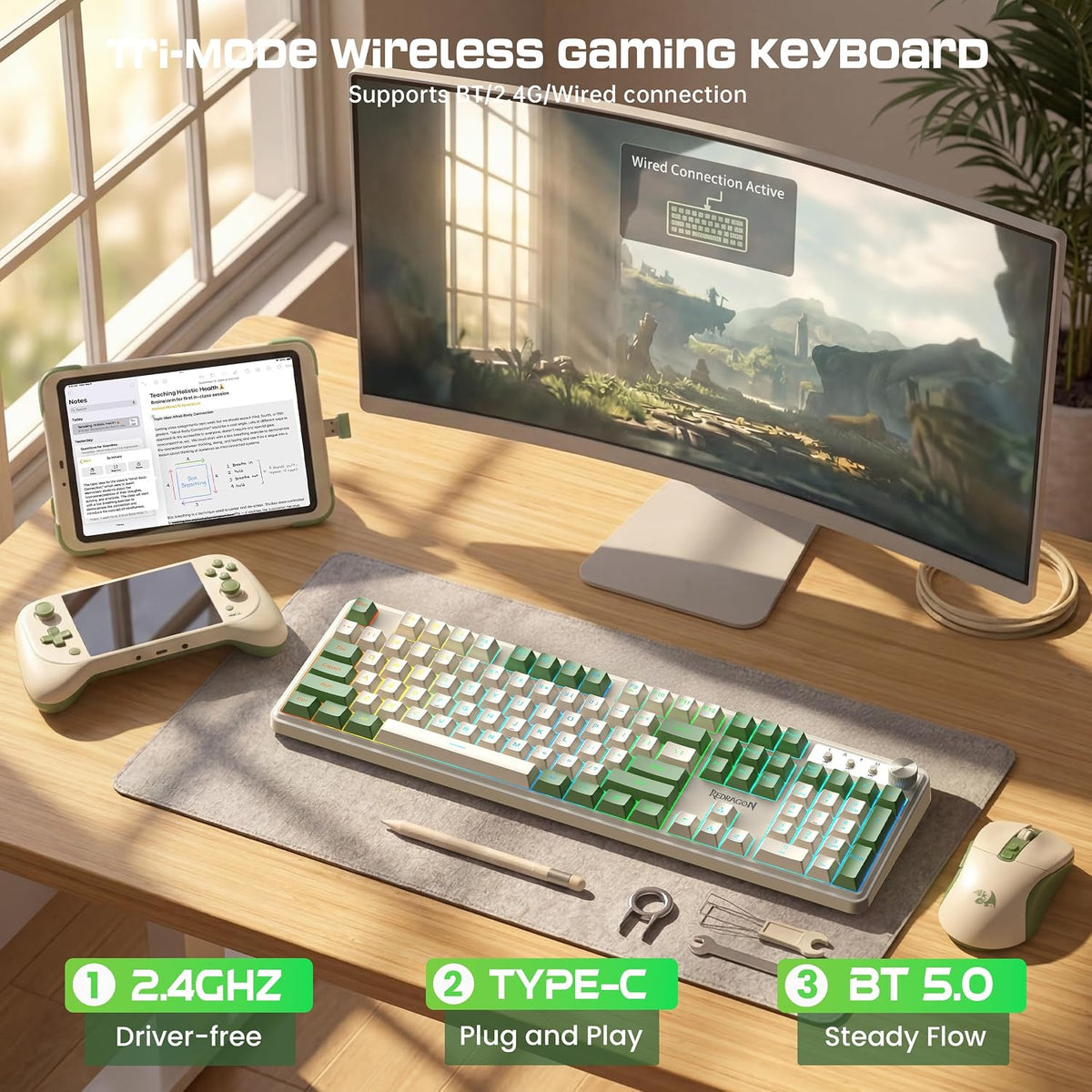 Redragon RM104 Wireless Gaming Keyboard with Knob, Tri-Mode BT/2.4G/USB-C RGB...