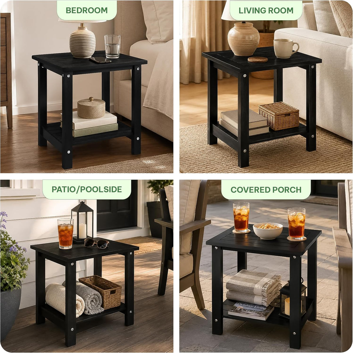 Acacia Wood Adirondack Side Table, 2-Tier Outdoor End Table - Black