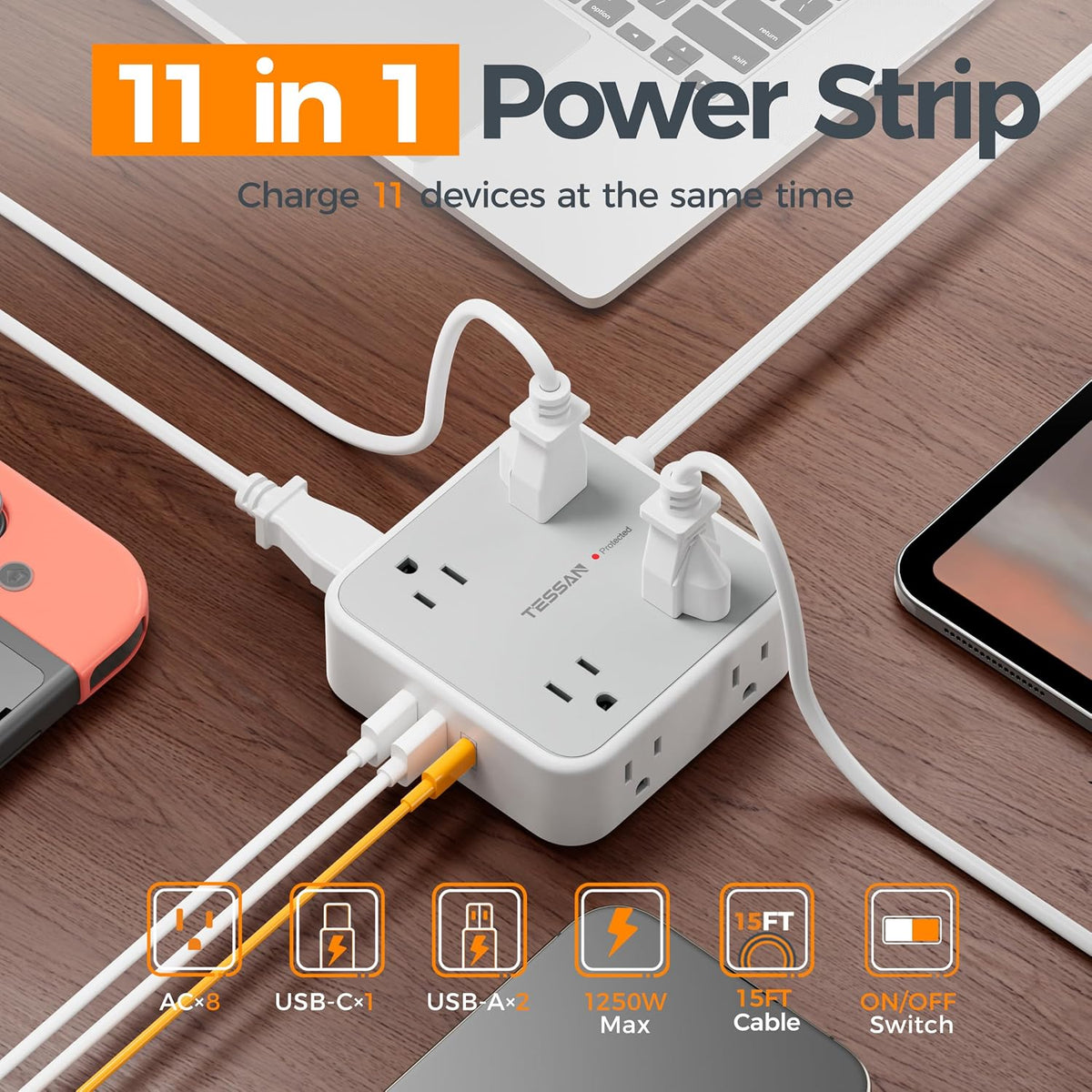 TESSAN Surge Protector Power Strip with 900J Surge Protection, 15 Ft, Grey