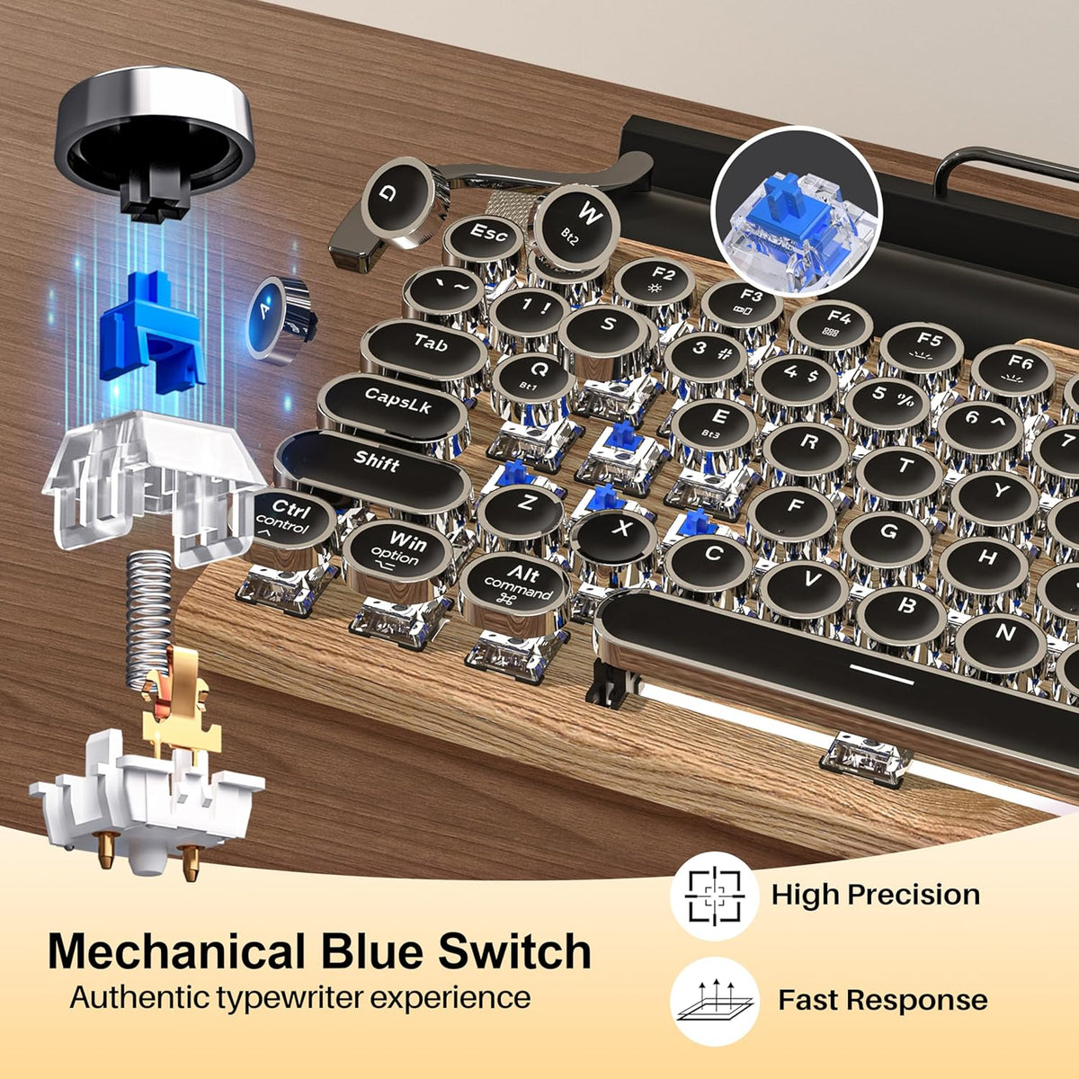 Retro Typewriter Wireless Mechanical Gaming Keyboard, Bluetooth 5.0 Office Co...