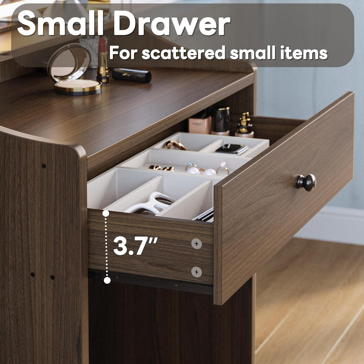 LIKIMIO Small Vanity Desk with Mirror Lights and Storage Stool
