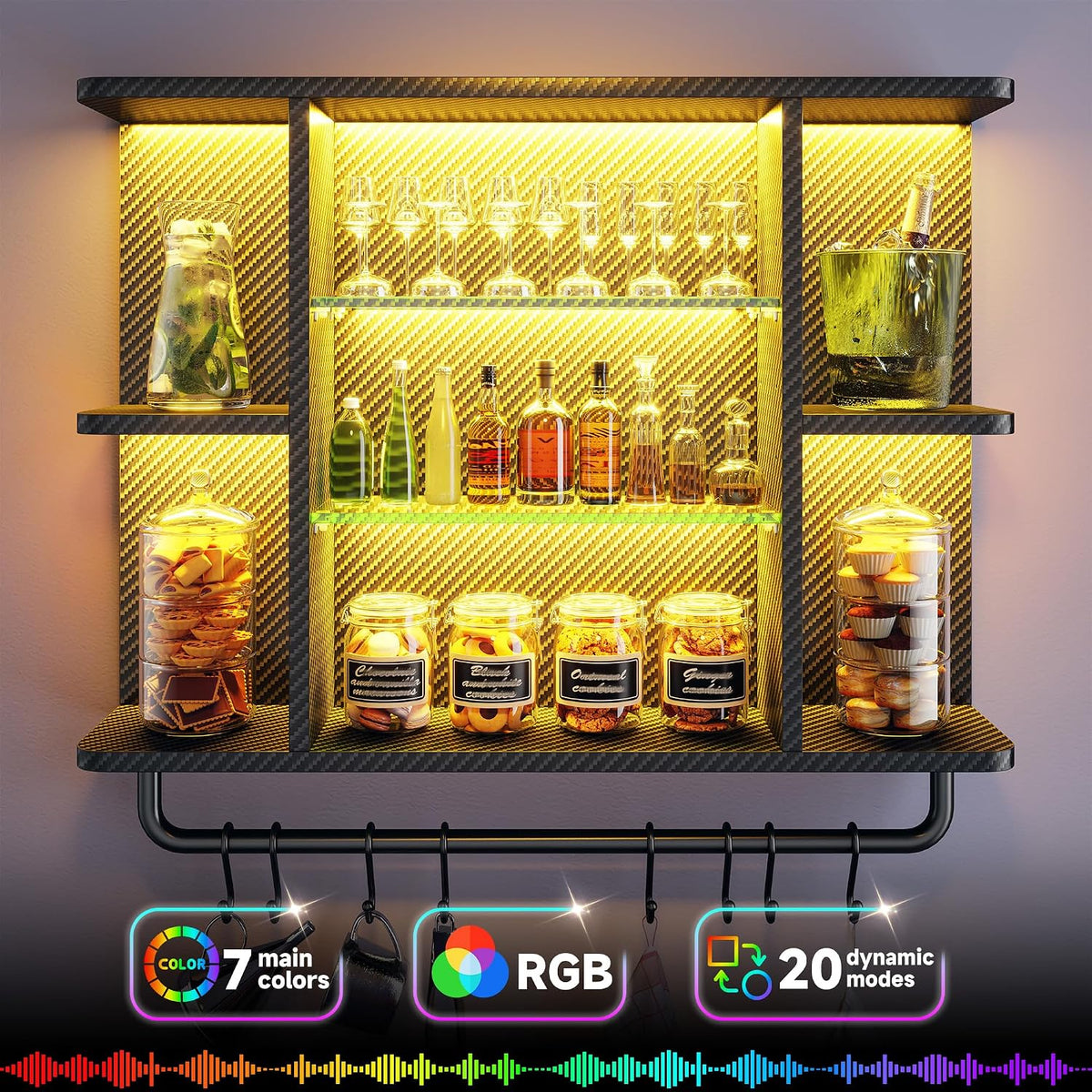 REIBII 34" Gaming Floating Shelves, LED Wall Mounted Shelf with Adjustab...