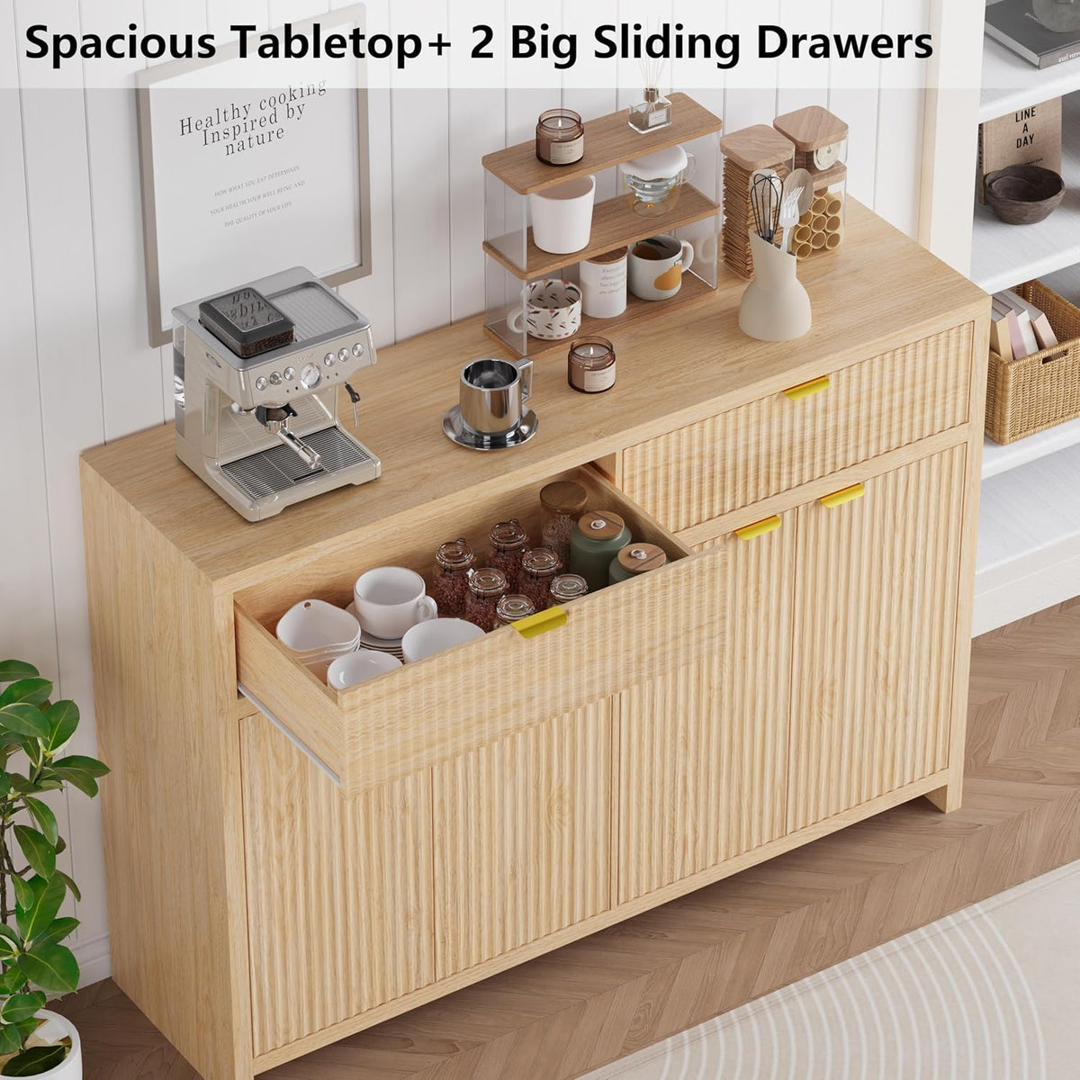 Fluted Sideboard Buffet Cabinet with Storage and Large Drawers, 55" W Cr...