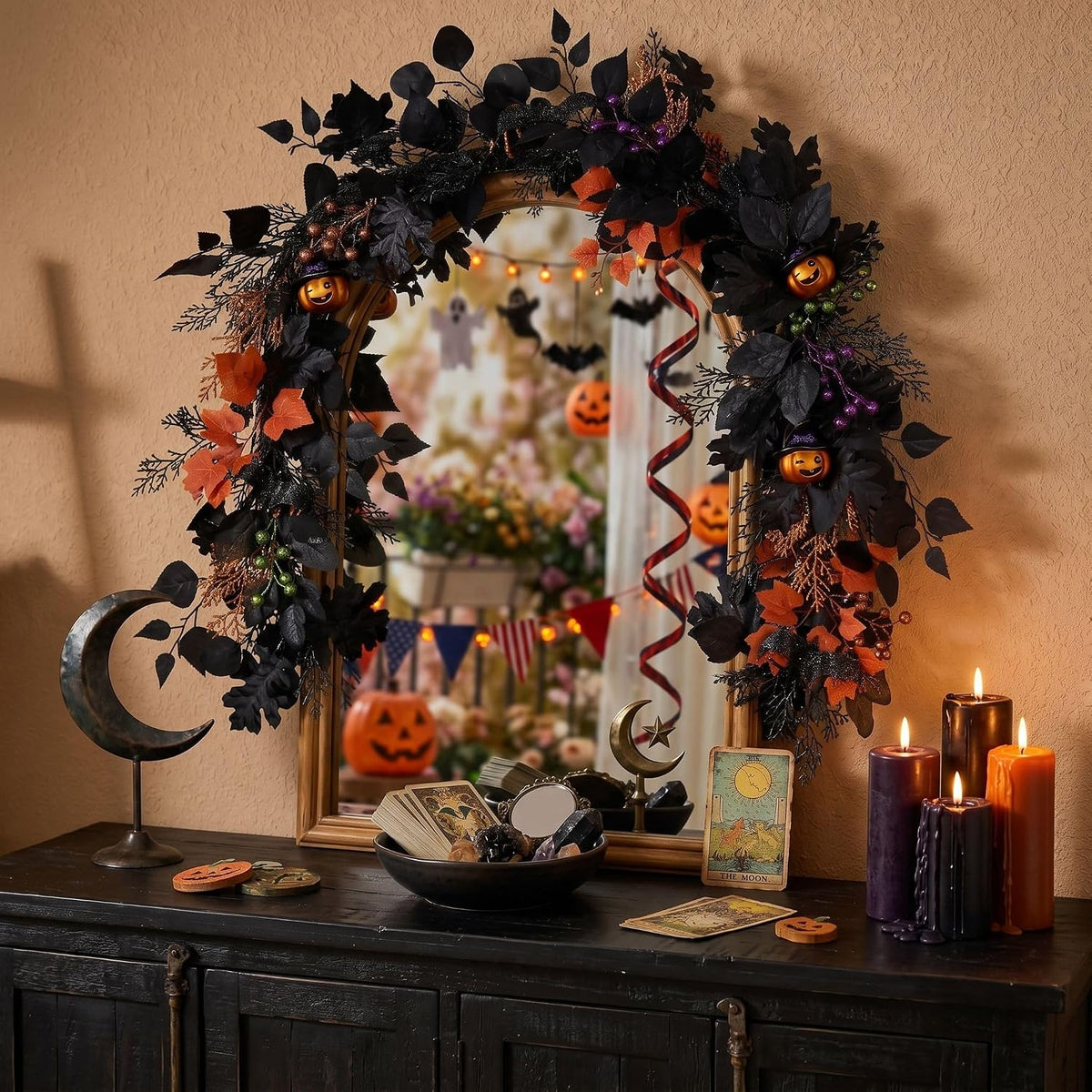 DecorbyHannah 6ft Halloween Garland for Mantle with Lights Pumpkin Decor