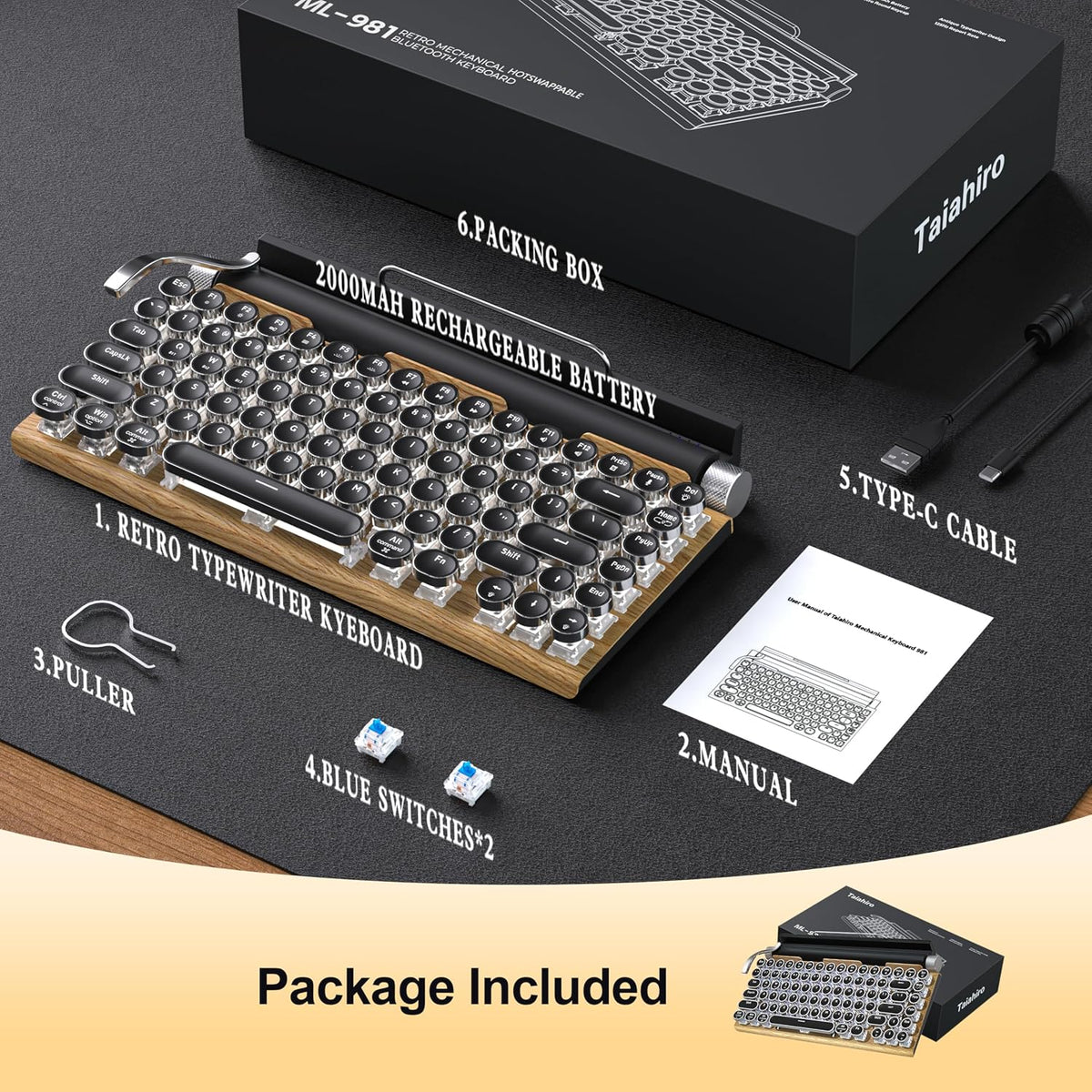 Retro Typewriter Wireless Mechanical Gaming Keyboard, Bluetooth 5.0 Office Co...