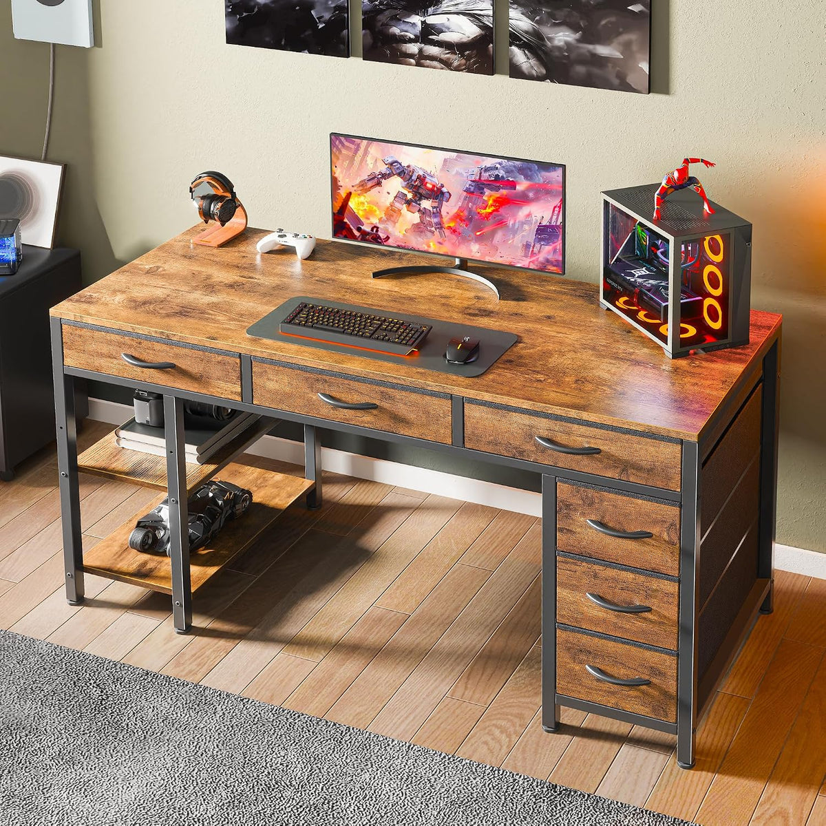 Huuger Computer Desk with 6 Drawers, Office Desk with Shelves, Reversible Gam...