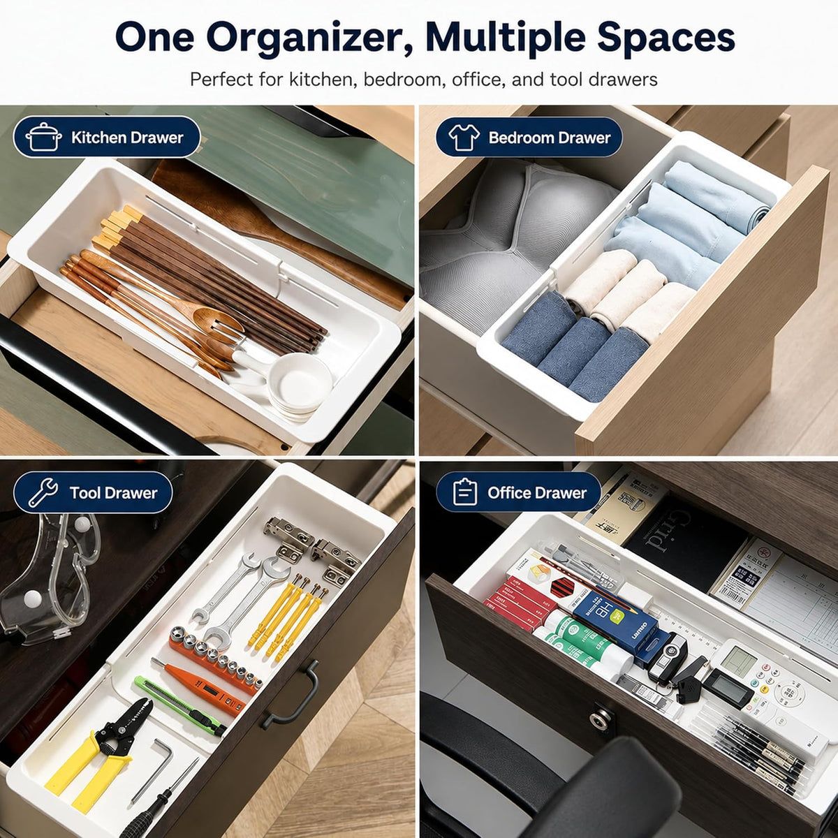 3-Pack Expandable Drawer Organizer for Deep Drawers, Adjustable 17–27 in Stor...