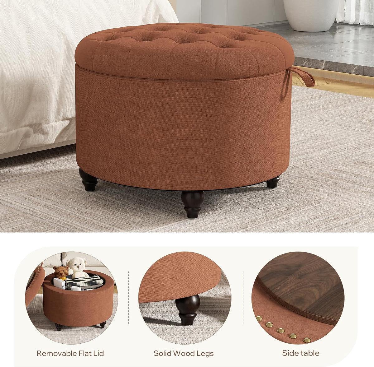 24 Inch Round Storage Ottoman,Modern Tufted Ottomans,Circular Coffee Table wi...