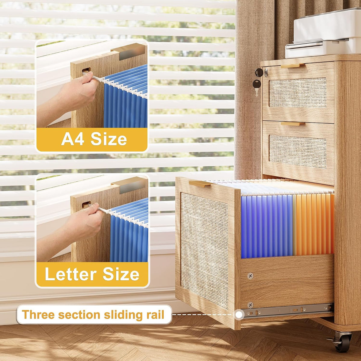 INNOD 3 Drawers Rattan Mobile File Cabinet with Lock, Rolling File Cabinet Pr...