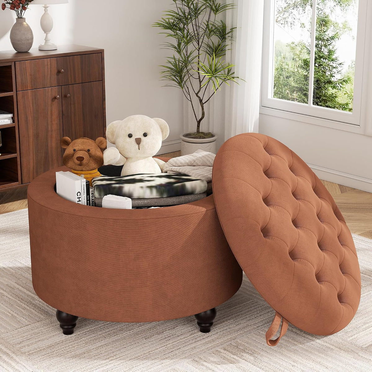 24 Inch Round Storage Ottoman,Modern Tufted Ottomans,Circular Coffee Table wi...