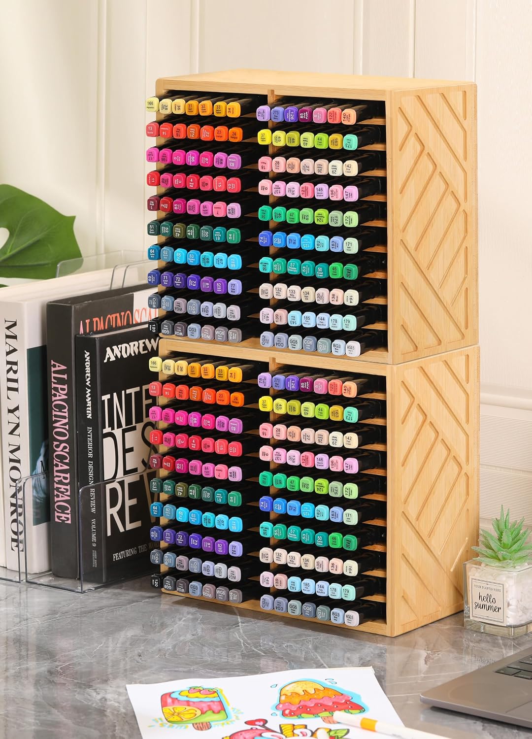 Bamboo Marker Organizer for Desk, Marker Storage Organizer for 140 Markers,Pe...