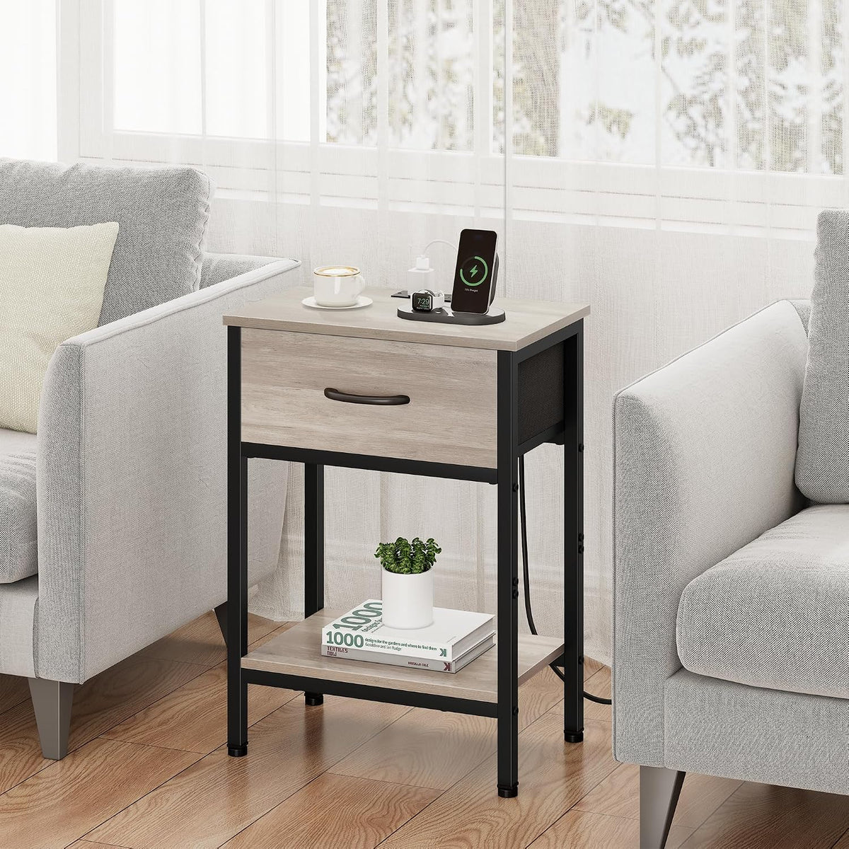 Vagusicc Nightstand with Charging Station, End Table with Fabric Drawer, Smal...