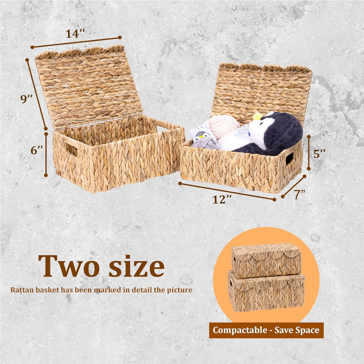 Set of 2 Rectangle Scalloped Edge Wicker Storage Basket with Lid