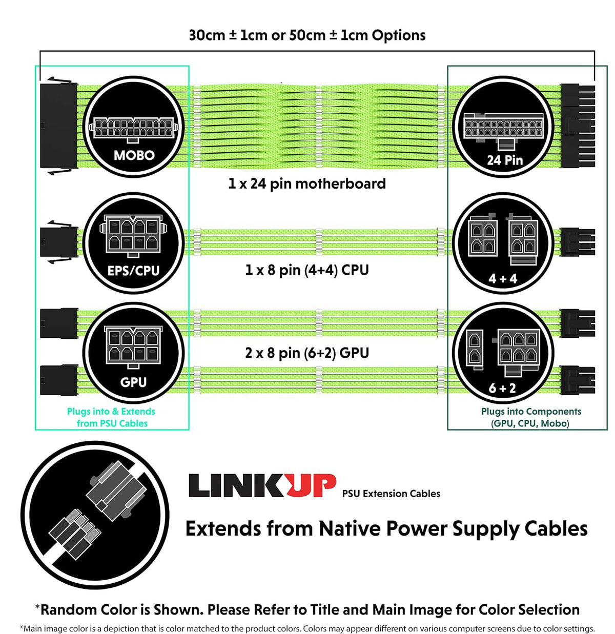 LINKUP - 50cm PSU PC Power Extension Cable Metallic Sleeved Silicone Coated S...