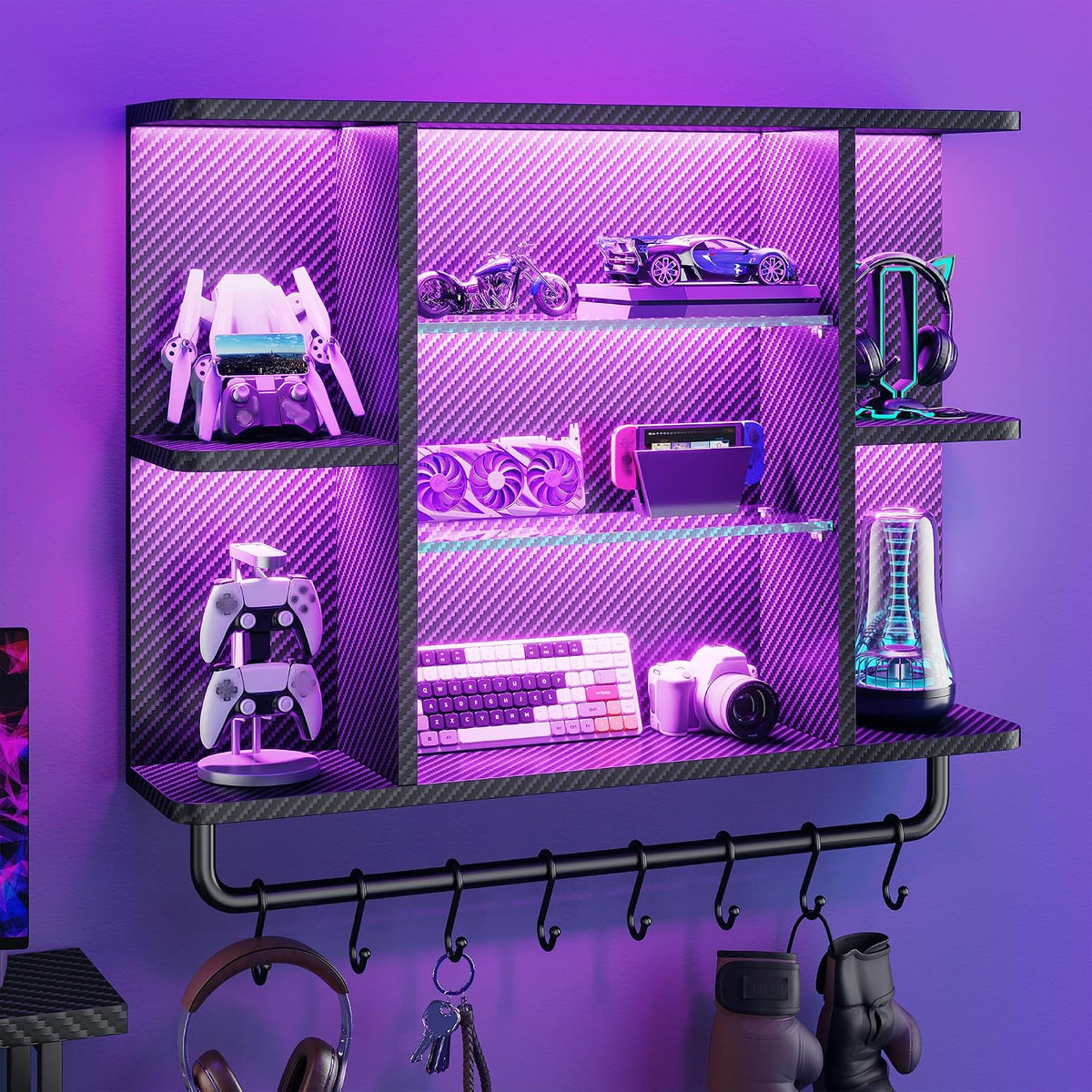 REIBII 34" Gaming Floating Shelves, LED Wall Mounted Shelf with Adjustab...