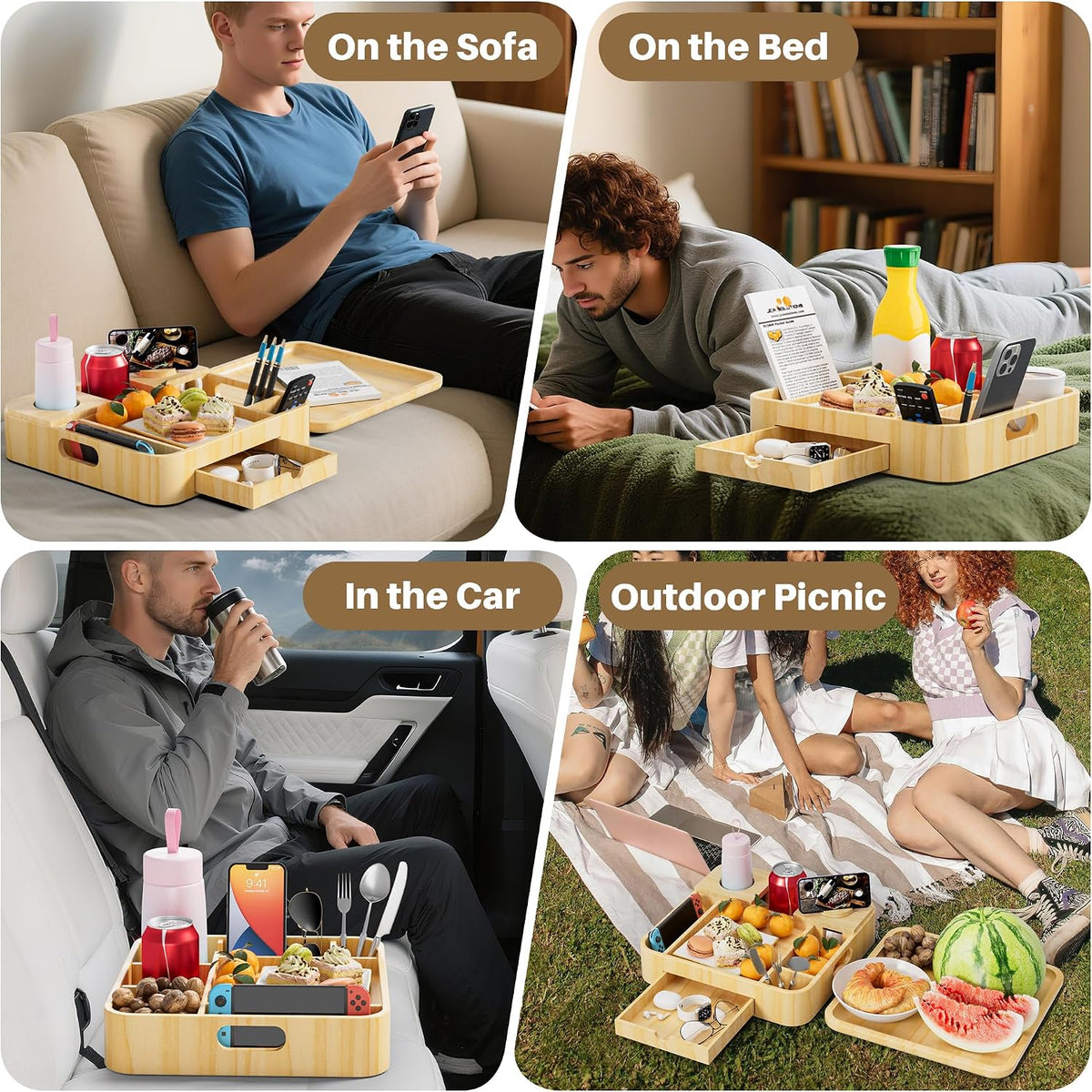 Couch Cup Holder 2-Tier Solid Pine Wooden Trays with Drawer 12.5 * 12.5 in