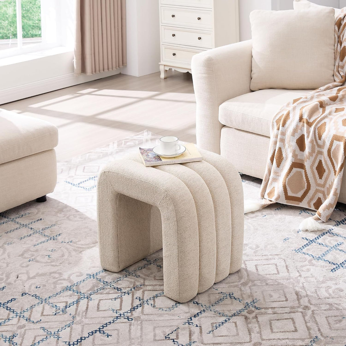 Beige Linen Ottoman Stool, Backless Vanity Stool, Footrest for Couch