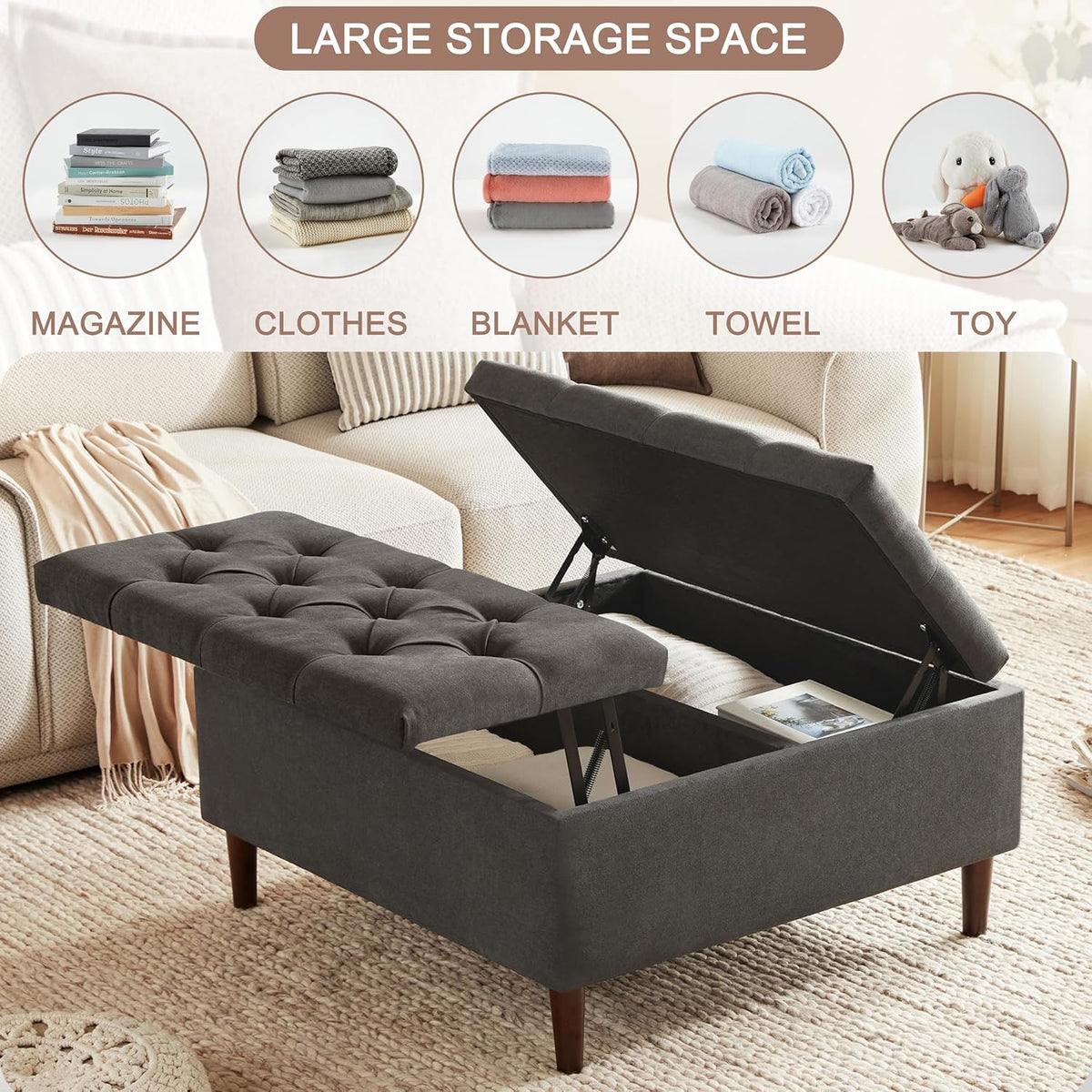 Weture 35" Large Storage Ottoman Coffee Table, Square Ottoman, Dark Grey