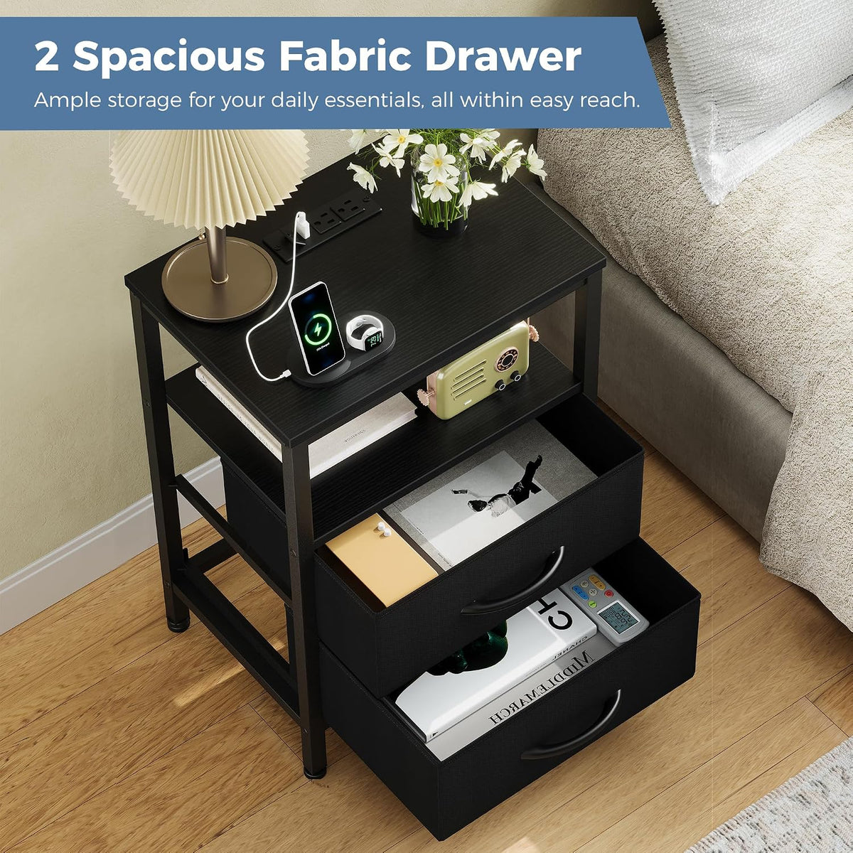 DUMOS Night Stand Set 2 with Charging Station, End Table with Fabric Drawer
