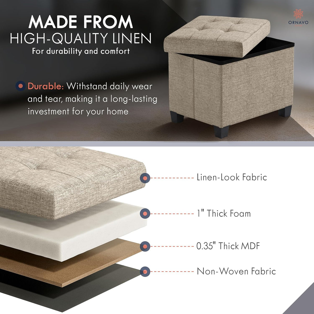 Ornavo Home Small Rectangle Storage Ottoman with Legs, 12x16x12, Tan/Taupe