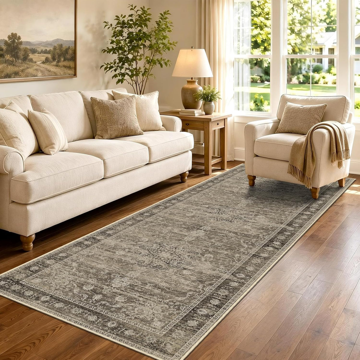 Brown Washable Runner Rug 2.6x8, Vintage Rug Runners for Hallway