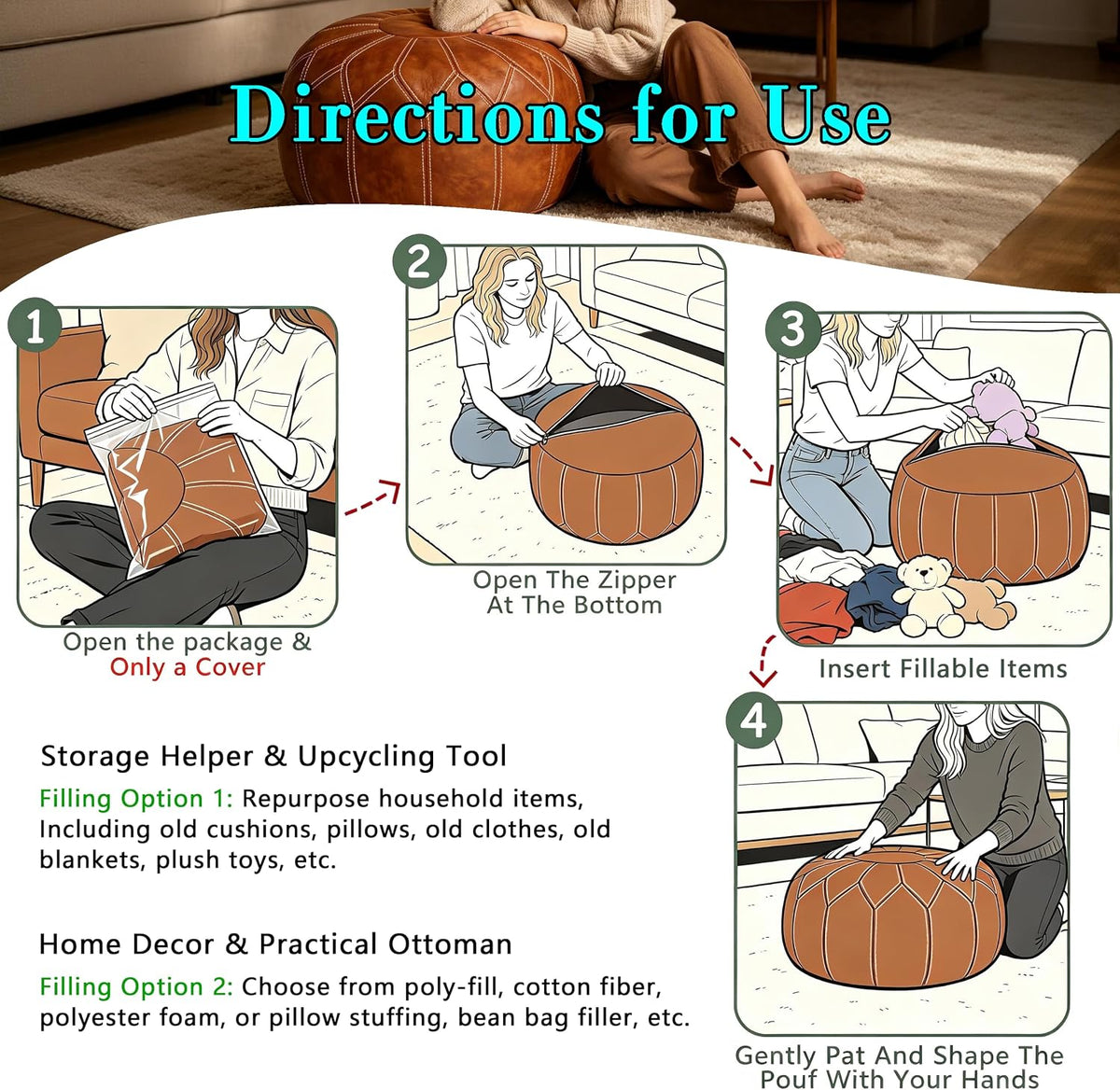 Thgonwid Unstuffed Moroccan Faux Leather Pouf Ottoman Cover with Storage - Bo...