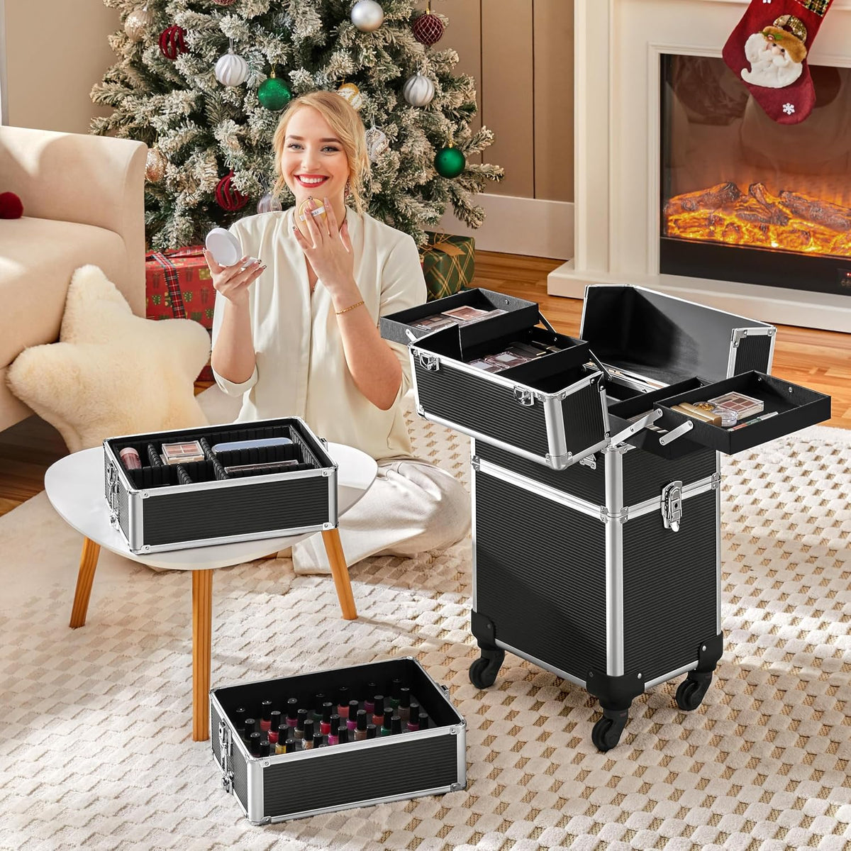 Yaheetech 5 in 1 Rolling Makeup Train Case, Lockable Black Cosmetology Cart