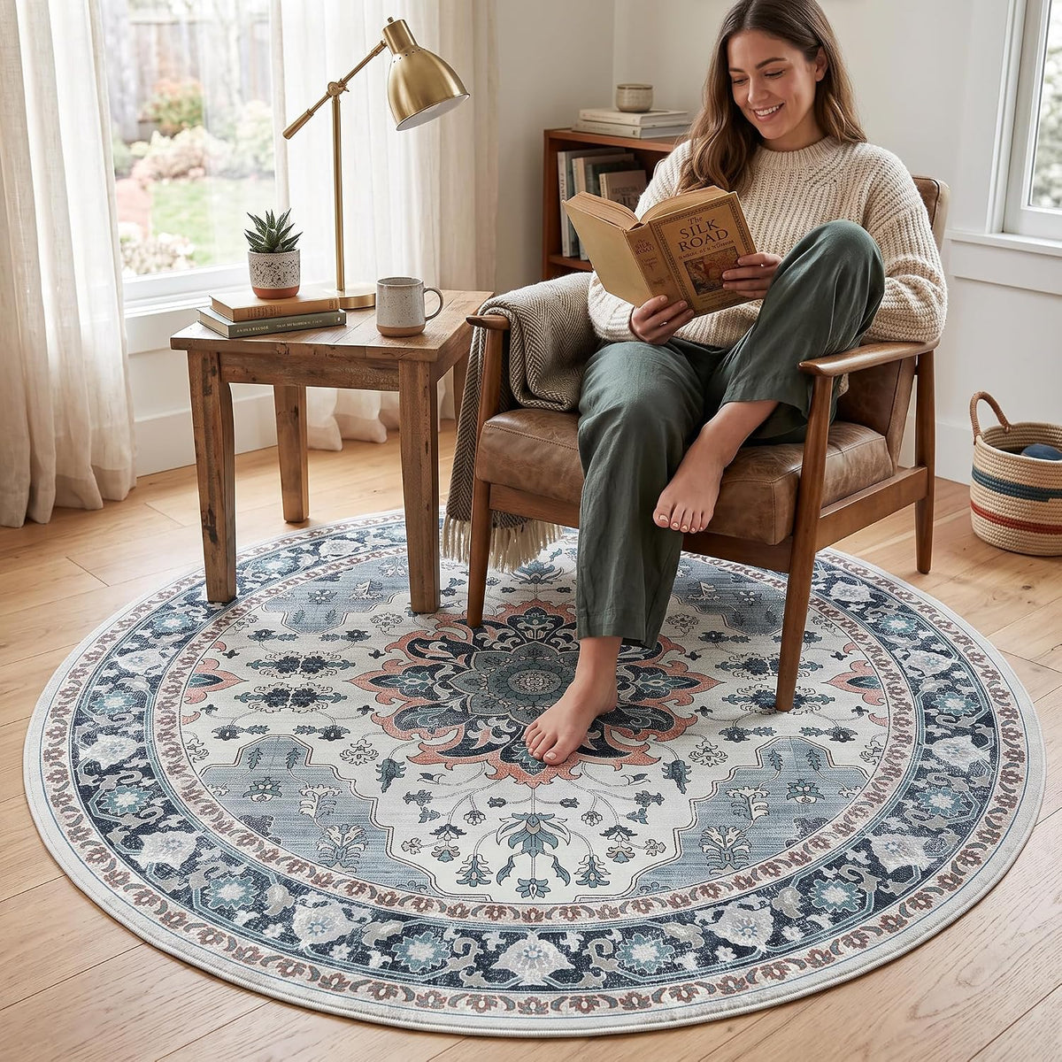 6ft Round Washable Rug for Reading Nook, Soft Vintage Floral Carpet