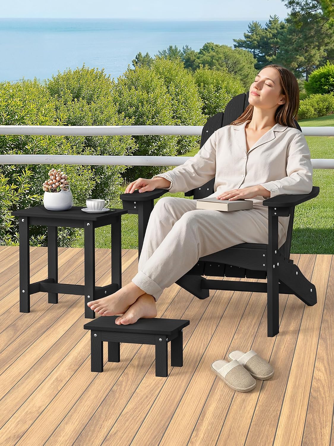 LUE BONA Small Outdoor Side Table with Removable Footstool for Patio, Black