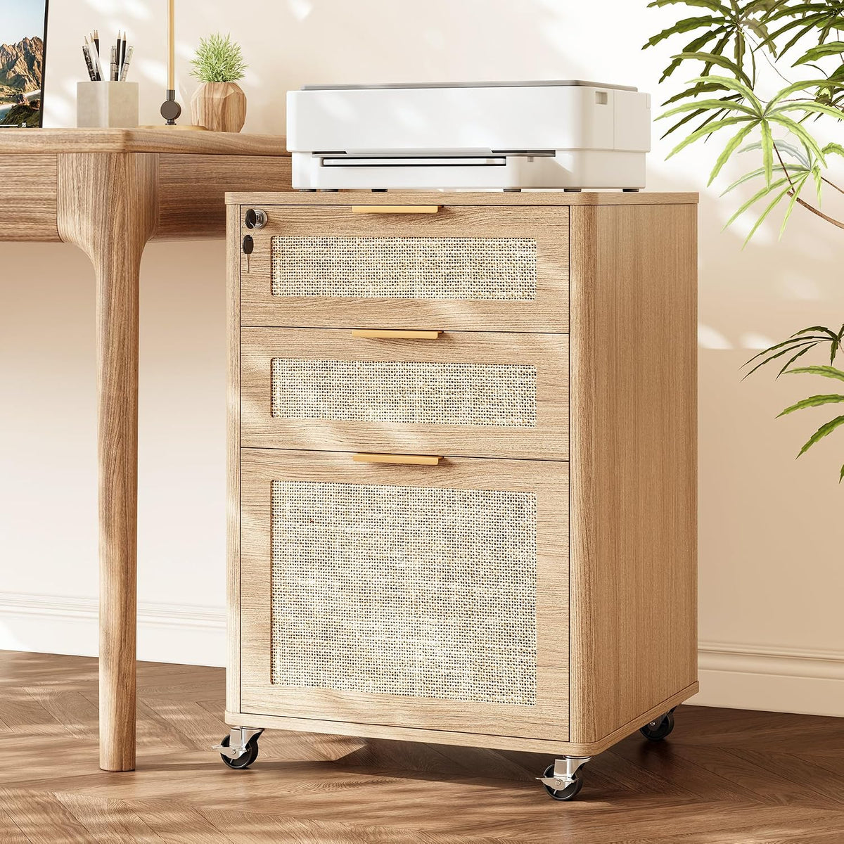 INNOD 3 Drawers Rattan Mobile File Cabinet with Lock, Rolling File Cabinet Pr...