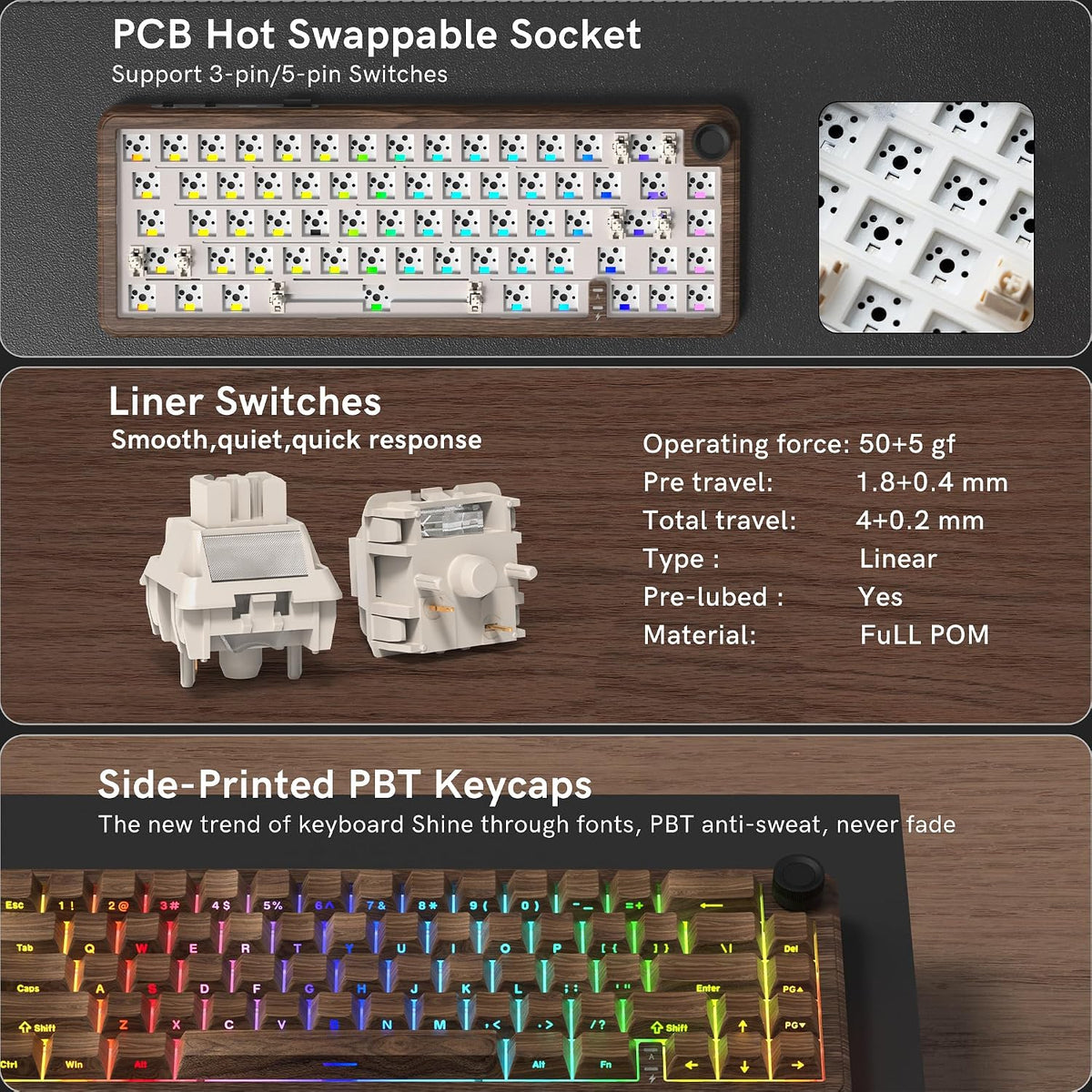womier L65 60% Brown Mechanical Keyboard with Knob,4000mAh,Tri Mode USB-C/BT5...