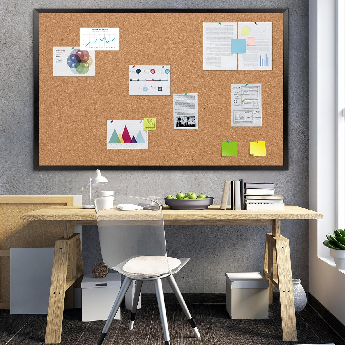 Extra Large Cork Bulletin Board 60" X 36", Black Wood Framed Corkbo...
