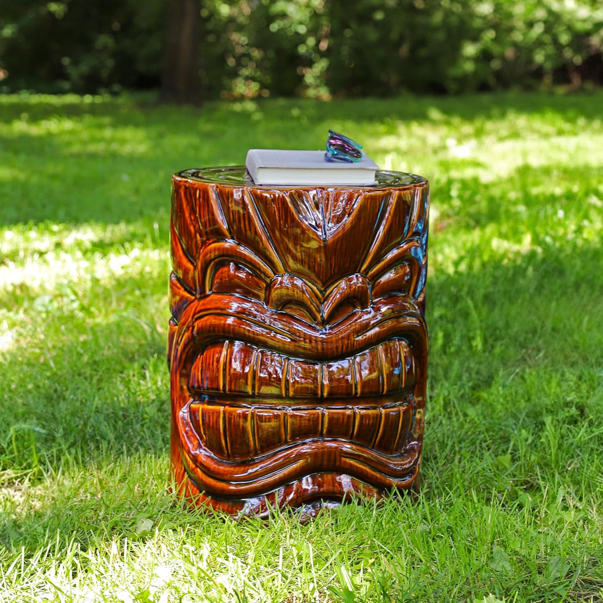 Sunnydaze Tropical Tiki Head Ceramic Garden Stool Side Table - 17.25-Inch H