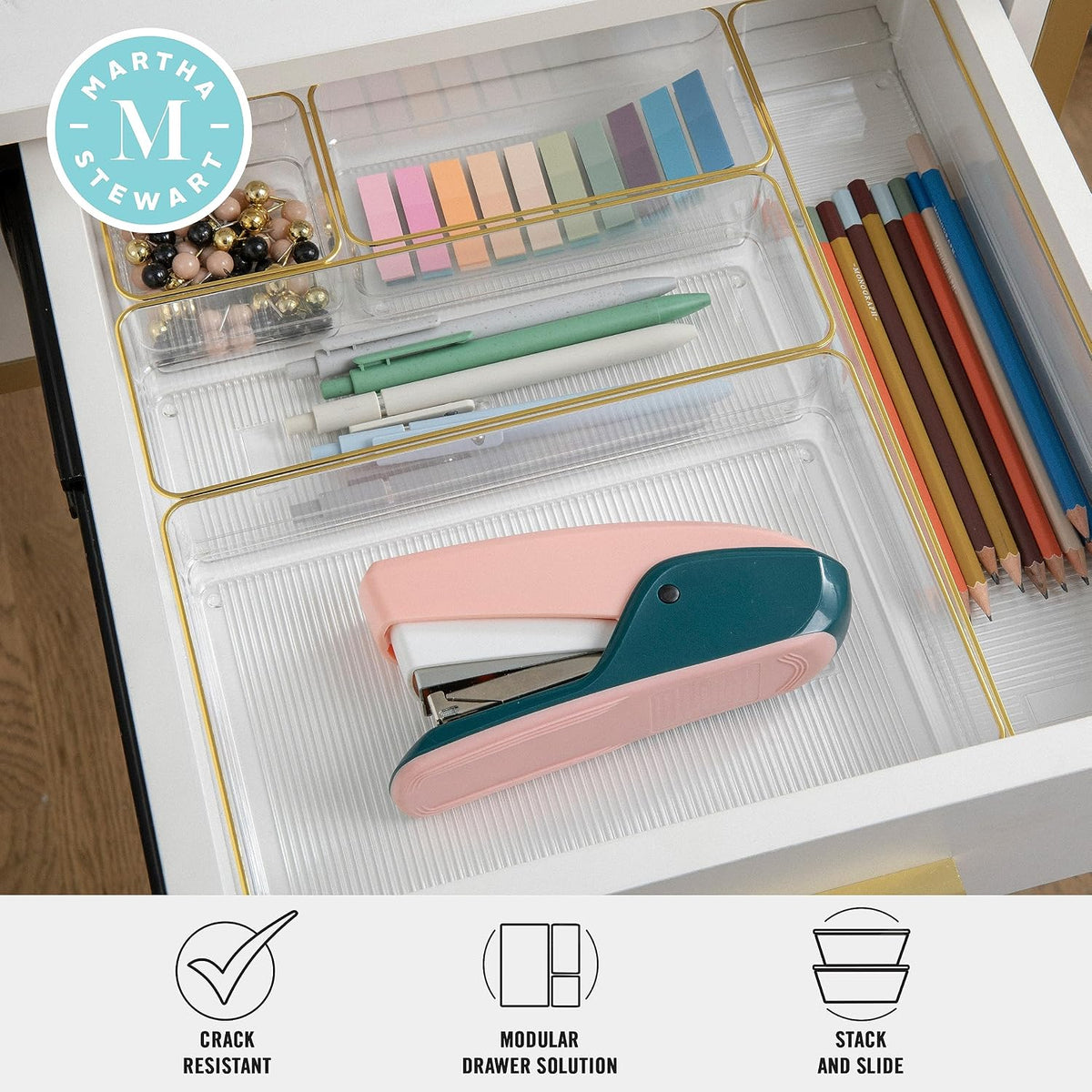 Martha Stewart Kerry Stackable Desk Drawer Organizers, Clear/Gold, 6-Pack