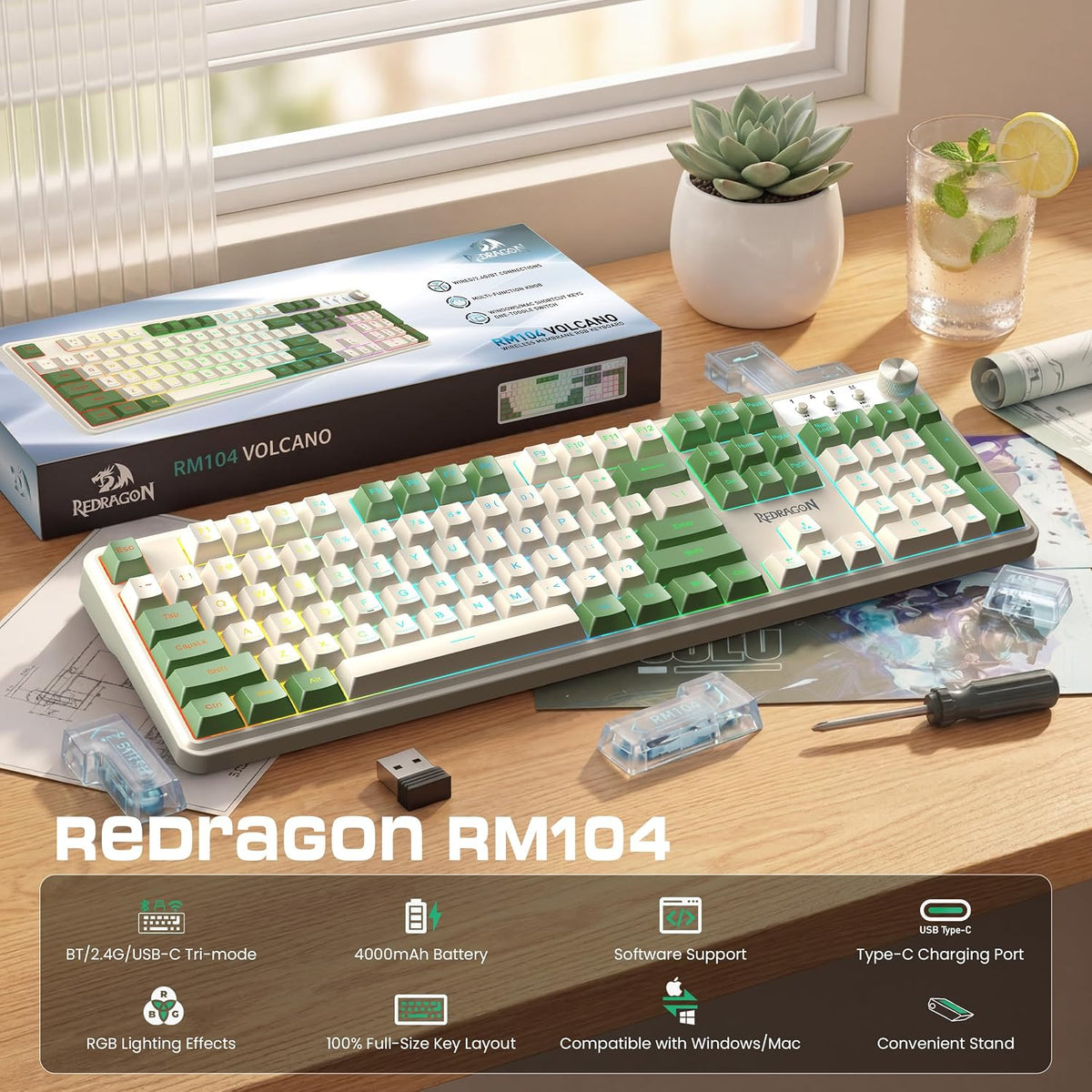 Redragon RM104 Wireless Gaming Keyboard with Knob, Tri-Mode BT/2.4G/USB-C RGB...