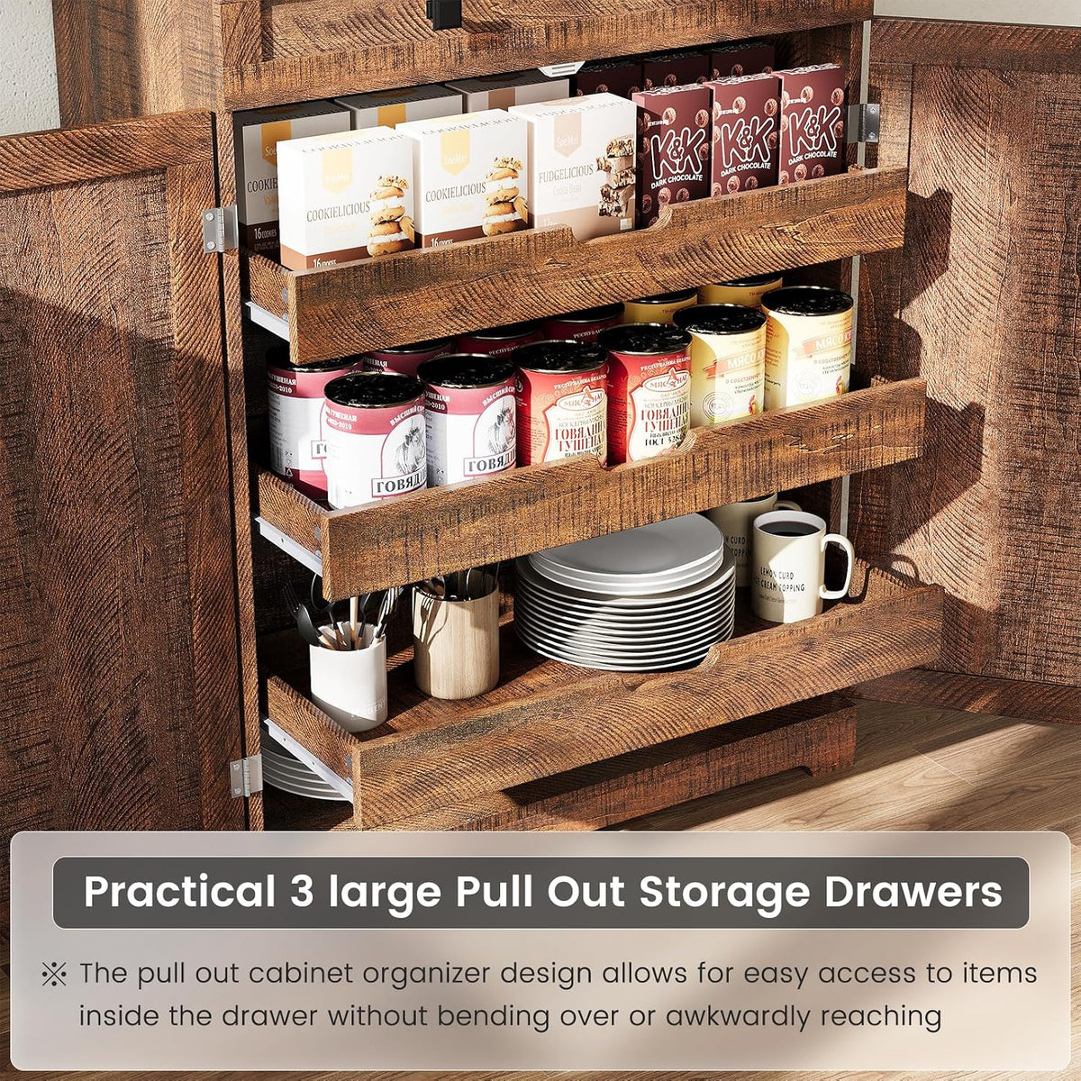ELYKEN 72" Kitchen Pantry Storage Cabinet with Drawer, 3 Pull Out Shelves
