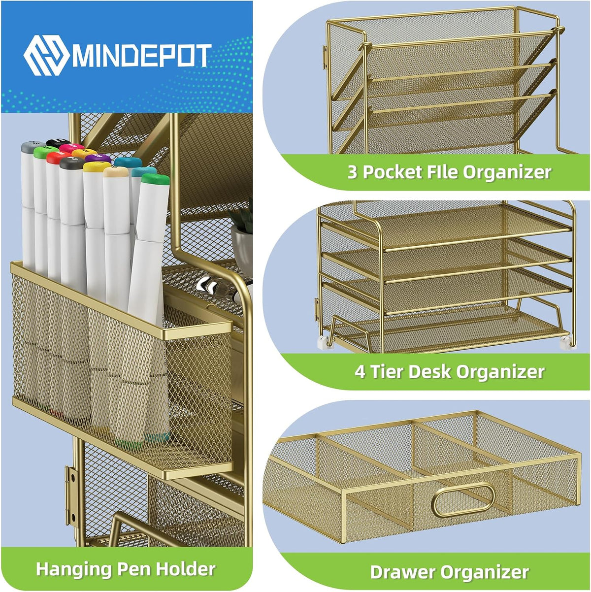 MINDEPOT 4-Tier Paper Organizer + 3-Pocket File Holder + Drawer + Pen Holders...