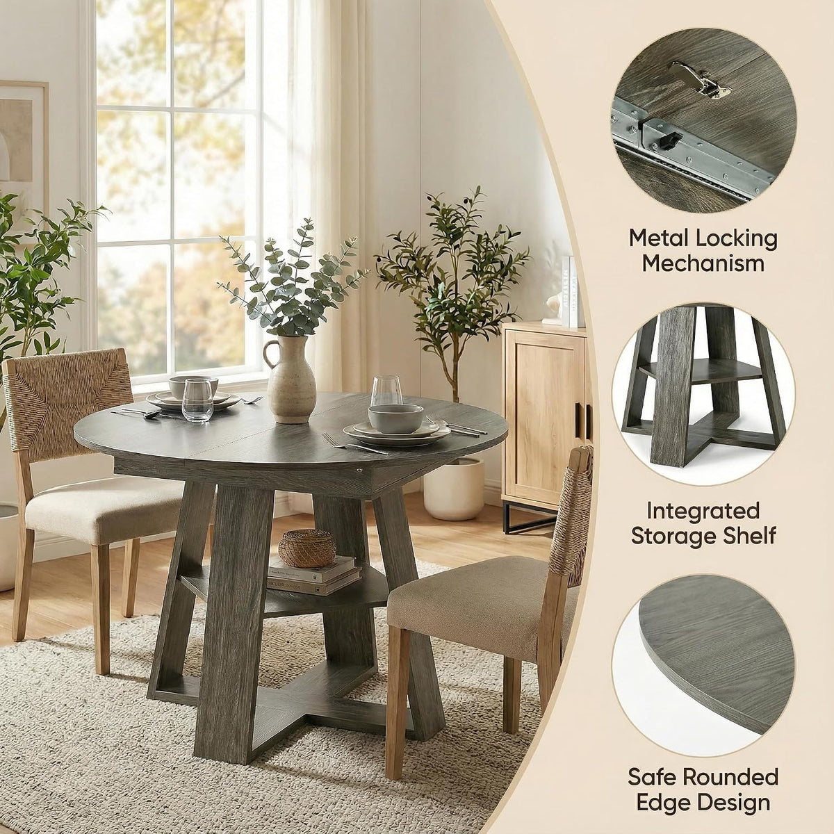 5-Piece Round Dining Table Set for 4, 43.3"-59" Extendable Round to...