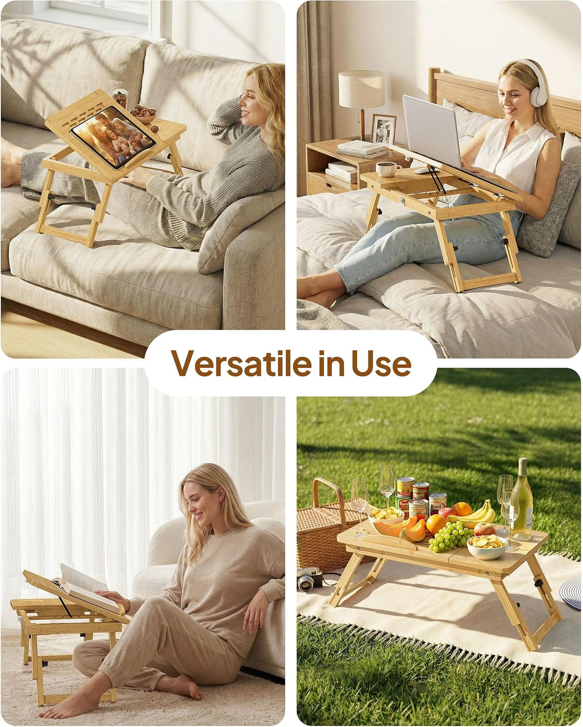 Bamboo Lap Desk, Adjustable Bed Desk with 4 Angle Options & Folding Design