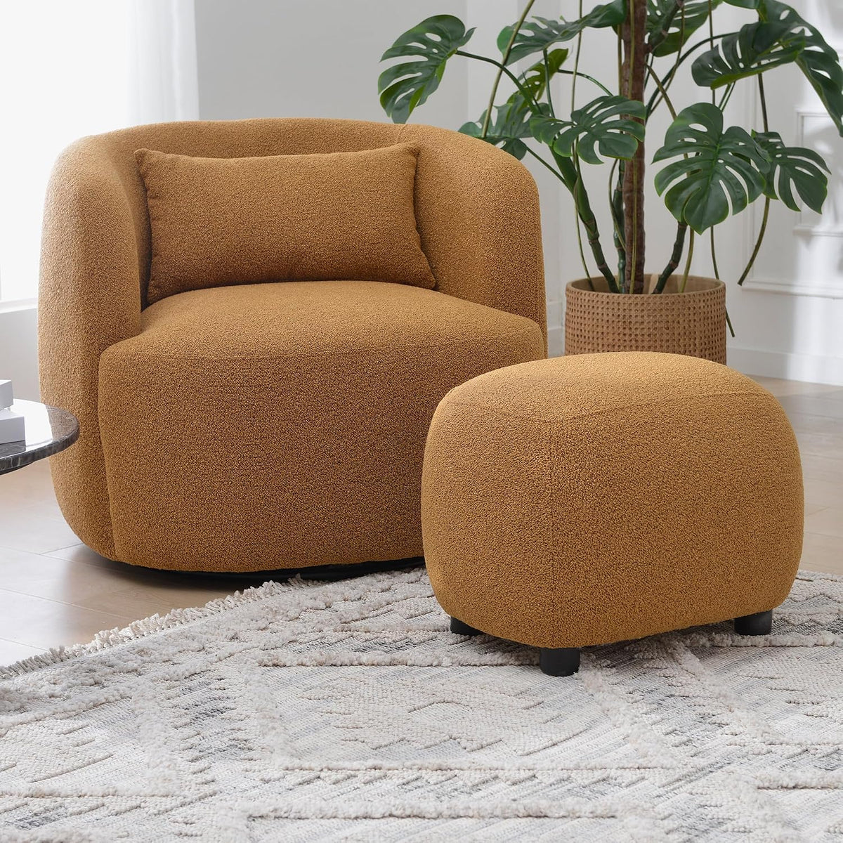 KINWELL Round Boucle Upholstered Ottoman Chair Padded Seat Footstool, Brown
