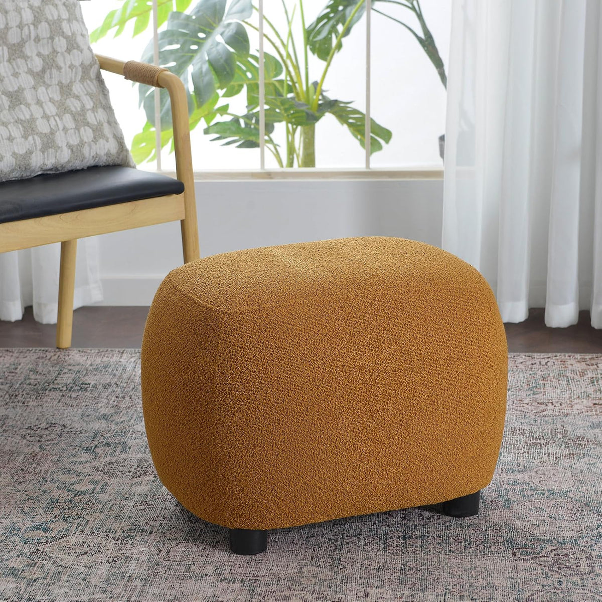 KINWELL Round Boucle Upholstered Ottoman Chair Padded Seat Footstool, Brown